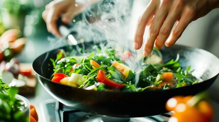 The art of vegetarian cooking: hands gently stirring a mix of fresh vegetables in a wok, with steam rising softly. - obrazy, fototapety, plakaty