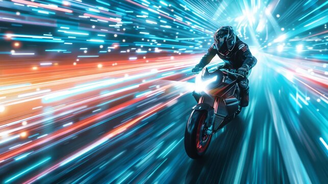 A cybersecurity analyst on a motorcycle racing against time to deliver secure codes, in a dynamic, action movie style.