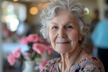 A woman with white hair and a flower vase in the background is smiling at the camera and she is