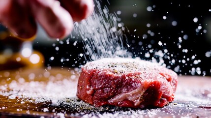 The dramatic moment of seasoning a perfect cut of meat, with flecks of salt and pepper adding texture and flavor, ideal for a menu visual.