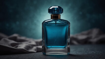 blue perfume bottle on fantasy background from Generative AI - obrazy, fototapety, plakaty