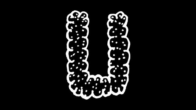 White wiggly hand drawn fluffy alphabet letter U doodle animation      