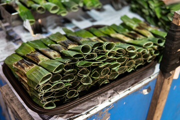 Typical Indonesian food is a food made from mackerel fish and flour then wrapped in banana leaves...