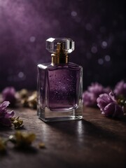 Obraz na płótnie Canvas purple perfume bottle on magical glowing fantasy background from Generative AI