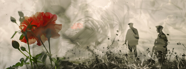 A striking double exposure of war and flowers symbolizes hope.