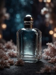 silver perfume bottle on magical glowing fantasy background from Generative AI