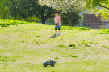 芝生の公園でラジコンで遊ぶ子ども