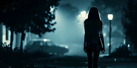 , A single young woman walking home in a dark at night feeling scared  and being assault , insecurity concept and surrounded by a gloomy atmosphere 