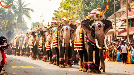 The procession of beautifully decorated elephants during the Thrissur Pooram festival in Kerala, India, with spectators marveling at the spectacle.