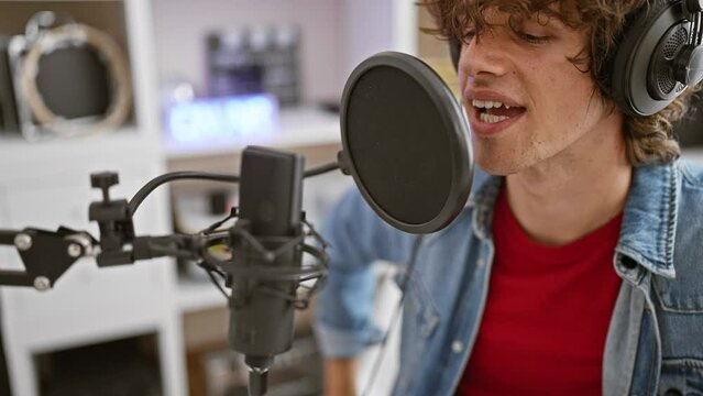A young man with curly hair singing passionately into a microphone in a music recording studio.