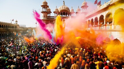 The rainbow of colors at Holi, the Festival of Colors in India, where joyous crowds gather to throw...