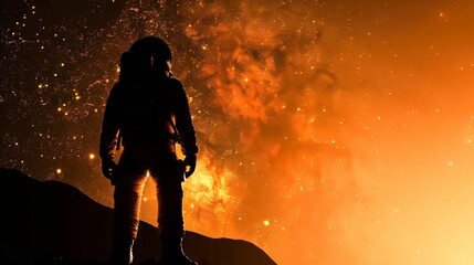 The silhouette of an astronaut stands against the Martian sky, a beacon of hope and adventure in the vastness of space.