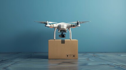 Realistic portrayal of a quadcopter with a portable camera against a blue background, intended for delivering a cardboard box via air. - obrazy, fototapety, plakaty