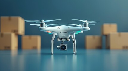 Realistic portrayal of a quadcopter with a portable camera against a blue background, intended for delivering a cardboard box via air.