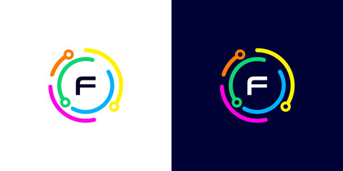 Fototapeta premium letter F technology logo with colorful connection circuit circle dots for technology,data,internet,computer