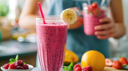 Close-up of berry smoothie with straw, fruits in background, and person