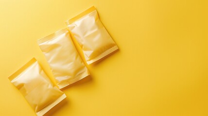 Three sealed, unbranded yellow packets on background - obrazy, fototapety, plakaty