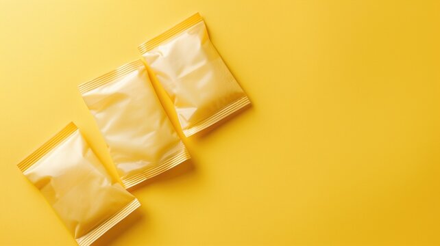 Three sealed, unbranded yellow packets on background