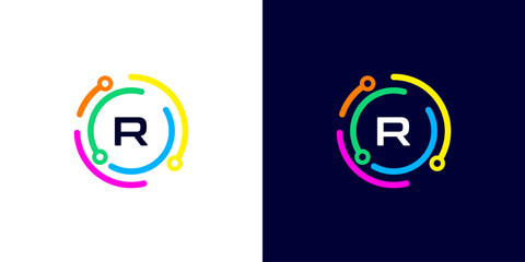 letter R technology logo with colorful connection circuit circle dots for technology,data,internet,computer