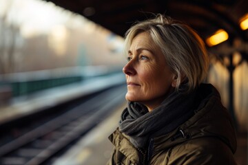 Portrait of a senior woman on the train station at sunset.