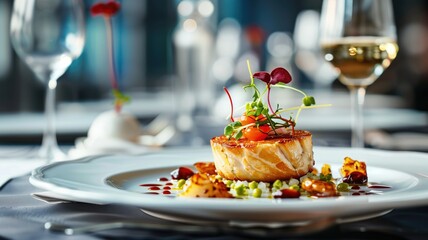 Gourmet dish with fish and vegetables on elegant restaurant table