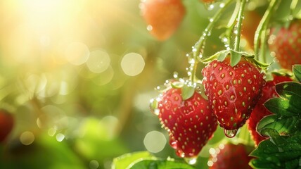 Ripe strawberries with water droplets in sunlight
