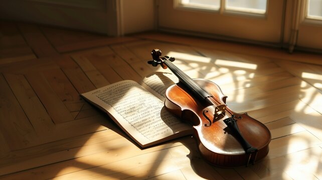 Violin and sheet music on wooden floor in sunlight