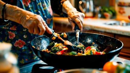 The warmth of home cooking: a woman's hands carefully stirring a wok full of fresh vegetables for a family stir fry. - obrazy, fototapety, plakaty