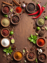 cooking spices border with wide wood background