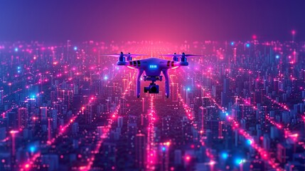 Vector illustration depicting a digital entertainment flight drone, aerial surveillance copter, or delivery drone flying over a city.
