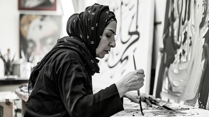 An artist in her studio, painting Islamic calligraphy that weaves together art, devotion, and the beauty of the Arabic script.