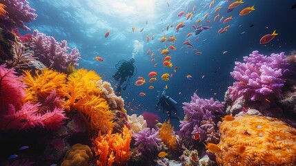 Fototapeta na wymiar A group of divers exploring a vibrant coral reef teeming with colorful marine life