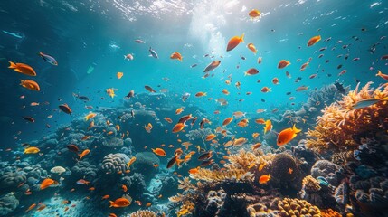 Fototapeta na wymiar A group of divers exploring a vibrant coral reef teeming with colorful marine life