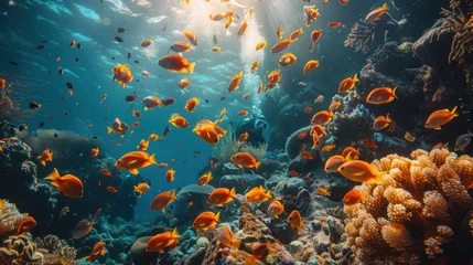 Fotobehang A group of divers exploring a vibrant coral reef teeming with colorful marine life © 2D_Jungle