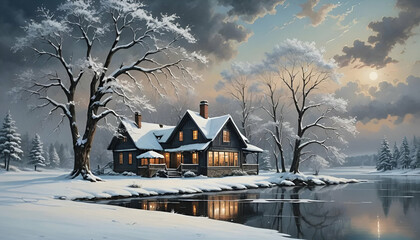 winter house on lake