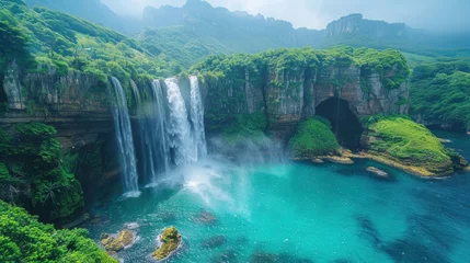 Fotobehang A majestic waterfall cascading down a verdant mountainside, with lush tropical vegetation framing the scene and a rainbow arching gracefully overhead. © 2D_Jungle