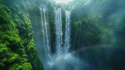 A majestic waterfall cascading down a verdant mountainside, with lush tropical vegetation framing the scene and a rainbow arching gracefully overhead. - obrazy, fototapety, plakaty
