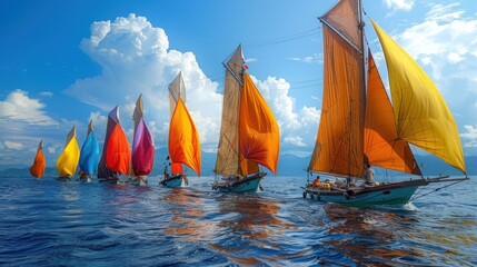 A traditional Filipino boat race, with colorful sails billowing in the wind, and teams of skilled sailors competing for glory against a backdrop of azure seas and clear skies. - obrazy, fototapety, plakaty