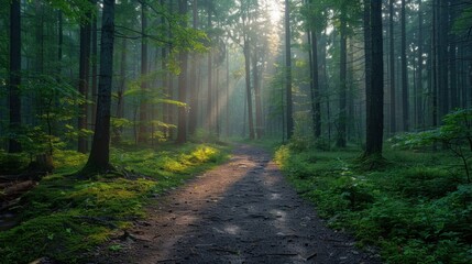 A tranquil forest path winding through towering trees, dappled sunlight filtering through the canopy