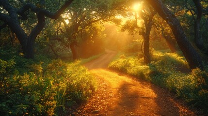 A tranquil forest path winding through towering trees, dappled sunlight filtering through the canopy - obrazy, fototapety, plakaty