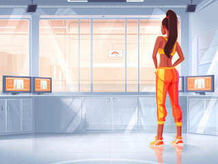 Fototapeta na wymiar Illustration of a woman in sporty attire looking out a futuristic window in a high-tech room.