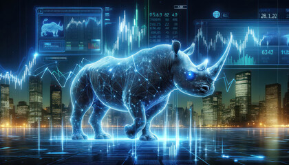 rhinoceros represented as a digital hologram on a futuristic stock market interface with fluctuating graphs and data points, symbolizing market strength or a 'bull market.