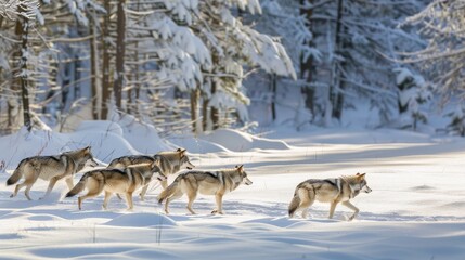 Obraz premium A majestic wolf pack moving silently through the forest, their tracks weaving a delicate pattern in the fresh snow, reflecting the unity and strength of their family bond.