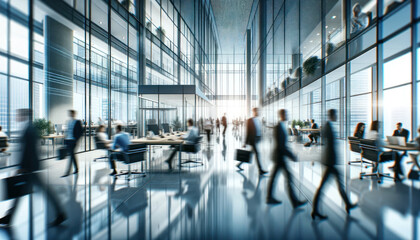 modern corporate office environment, depicting a blur of busy professionals moving around.