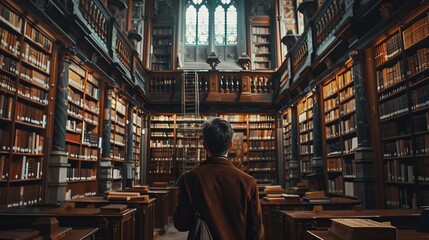 Obraz premium A data scientist at an old library converting ancient texts into digital data, in a mysterious, historical fiction style.