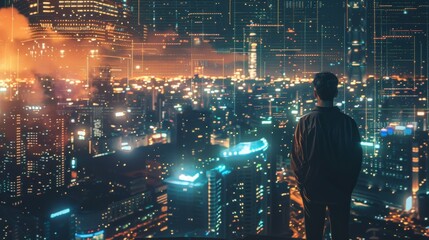A data scientist overlooking a futuristic city using big data to enhance urban life, in a utopian sci-fi style. - obrazy, fototapety, plakaty