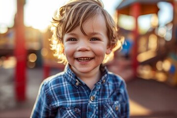 Portrait of a smiling little boy on the playground in summer.