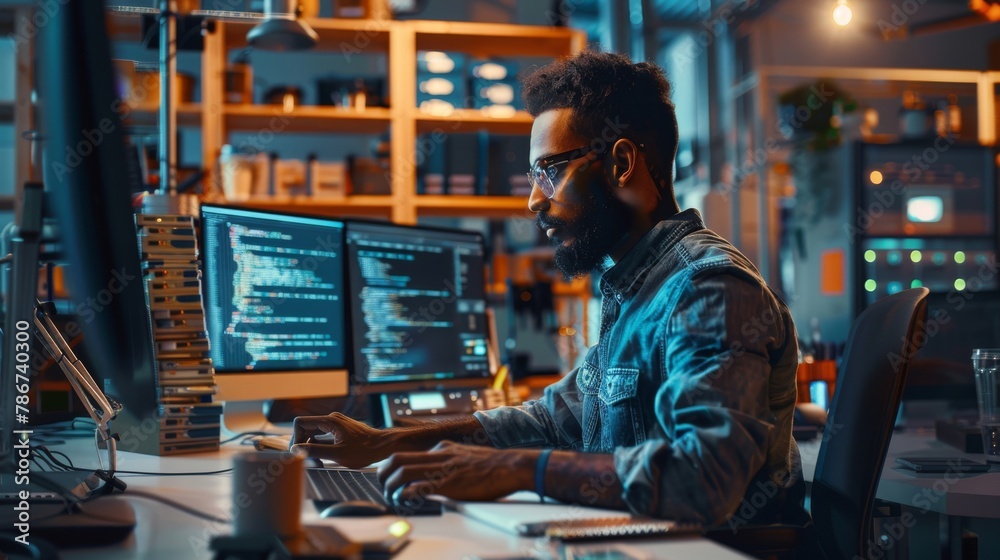 Poster a devops engineer in a high-tech workshop creating automated tools for software testing, styled as a