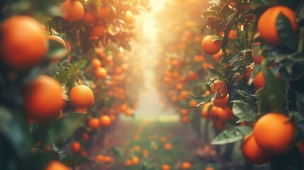 Enchanting orange orchard glowing at sunrise, ripe citrus fruits dangling amidst lush green leaves,...