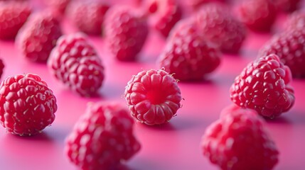 Vibrant close-up of multiple fresh raspberries on pink background, suitable for themes like healthy...